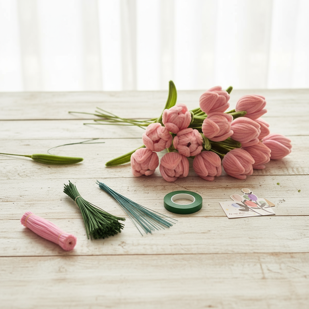 Bộ dụng cụ làm bó hoa Tulip, que kẽm nhung, dây kẽm nhung màu hồng nhạt, thân chenille màu xanh lính