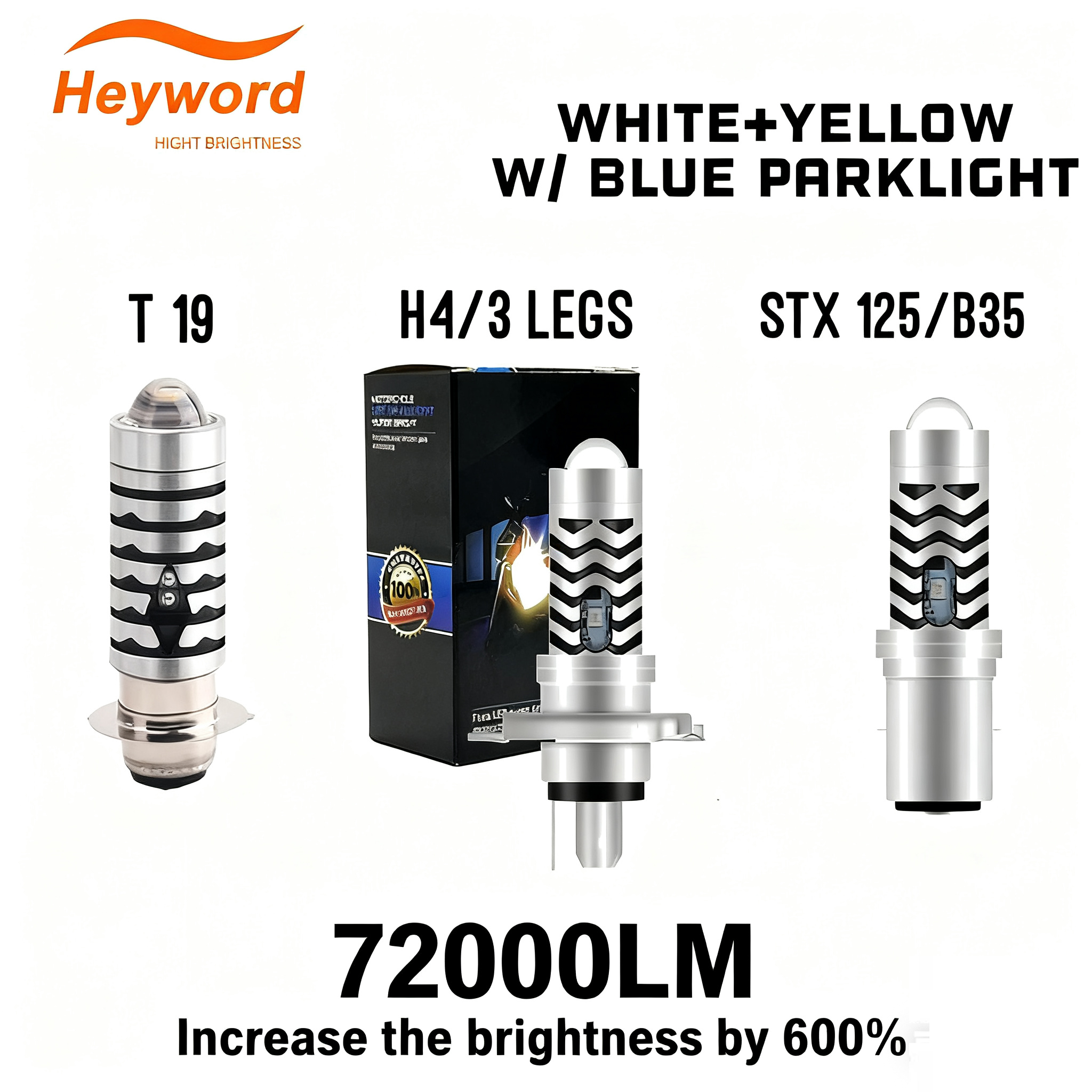Bóng đèn LED pha Hi Low 2 màu Heyword T19 H4 B35 STX125 với đèn chờ xanh, đa dụng.