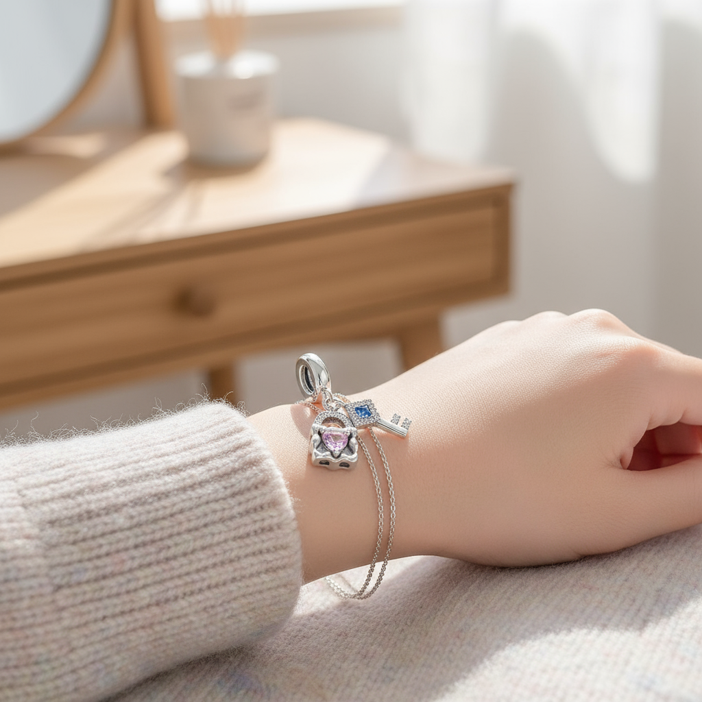 Mặt dây chuyền charm bạc màu hồng xanh, thiết kế ổ khóa và chìa khóa cho vòng tay Pandora kiểu hạt