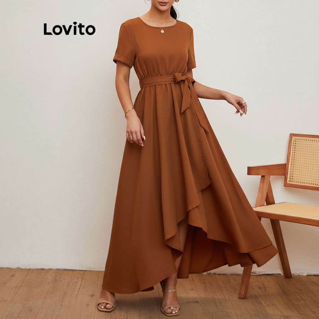Lovito Đầm Dạ Hội Cổ Tròn Màu Nâu Kiểu Dáng Lovito Tùy Chọn L20D032