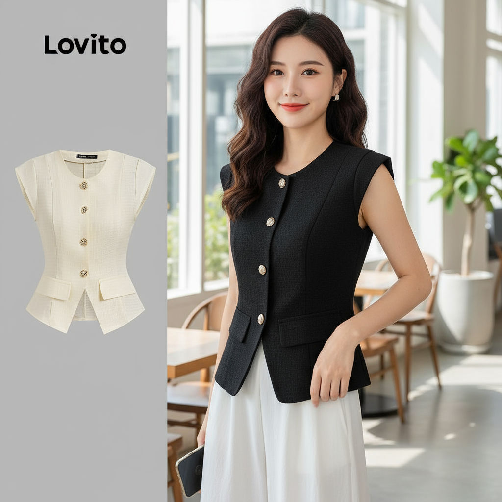 Lovito thanh lịch Áo kiểu nữ có nút cài phía trước màu trơn phong cách LNE38198 (Nhiều màu)