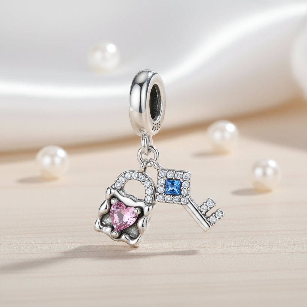 Mặt dây chuyền bạc charm hình trái tim hồng, đá CZ xanh, họa tiết khóa và chìa khóa cho vòng tay Pan