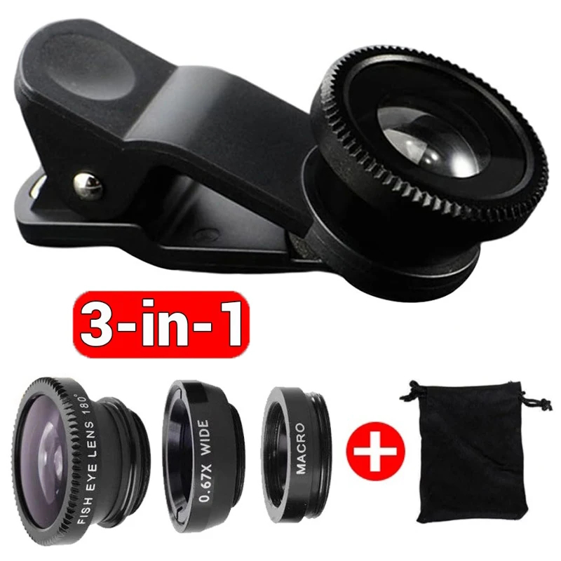 Kính ống kính 3in1 Fisheye, góc rộng cho điện thoại iPhone Xiaomi Redmi, 3IN1 Zoom Fish Eye Lens trê