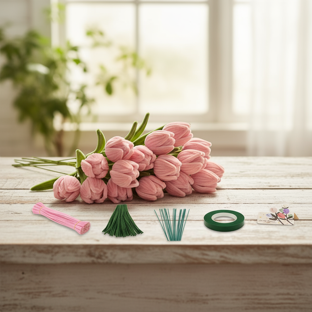 Bộ dụng cụ làm hoa tulip từ dây kẽm nhung màu hồng nhạt, thân màu xanh lính, kèm băng keo và que xan