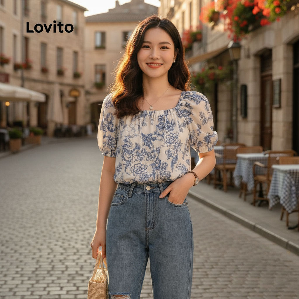 (trendy5)Lovito Áo Sơ Mi Họa Tiết Hoa Thanh Lịch Cho Nữ LNE71472