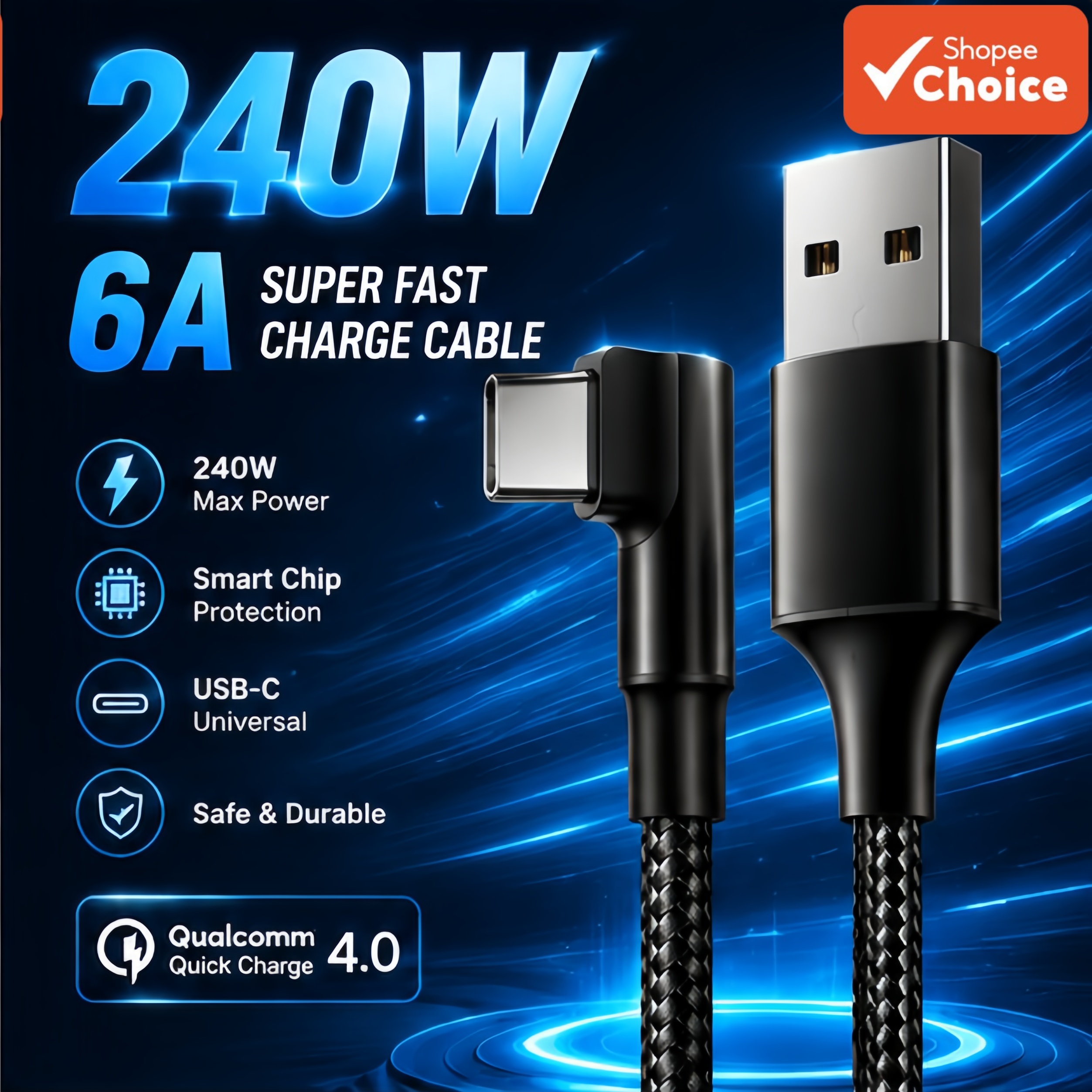 Cáp sạc nhanh USB A sang Type C 240W 6A đầu cong, vỏ hợp kim kim loại, dây bện nylon