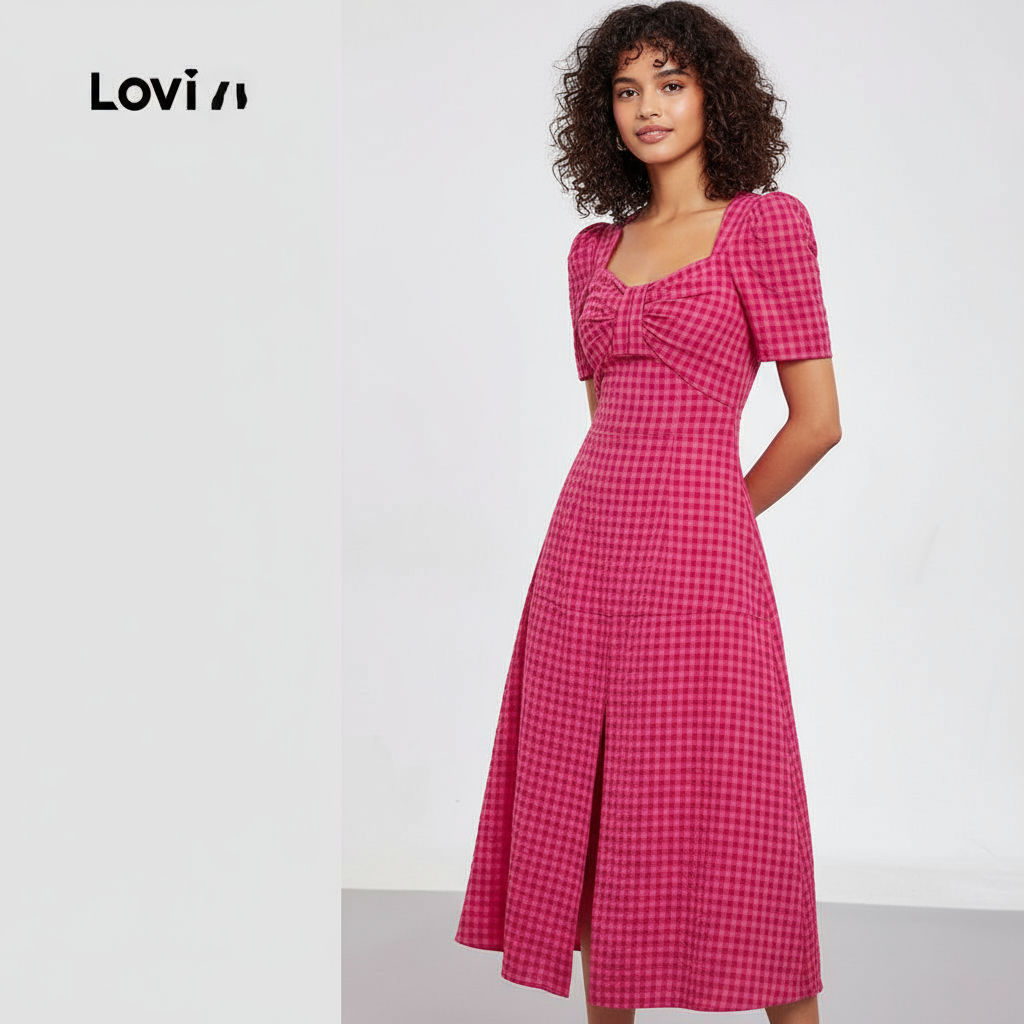 Đầm nữ Lovito xếp nếp kẻ caro thanh lịch LBL24201