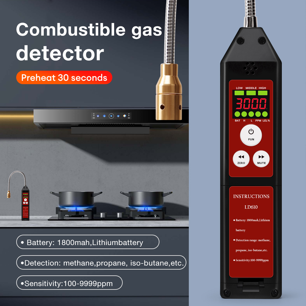 Máy phát hiện khí cháy cầm tay LD610, đầu dò linh hoạt 360°, kiểm tra rò rỉ khí C3H8, C4H10, H2, giá