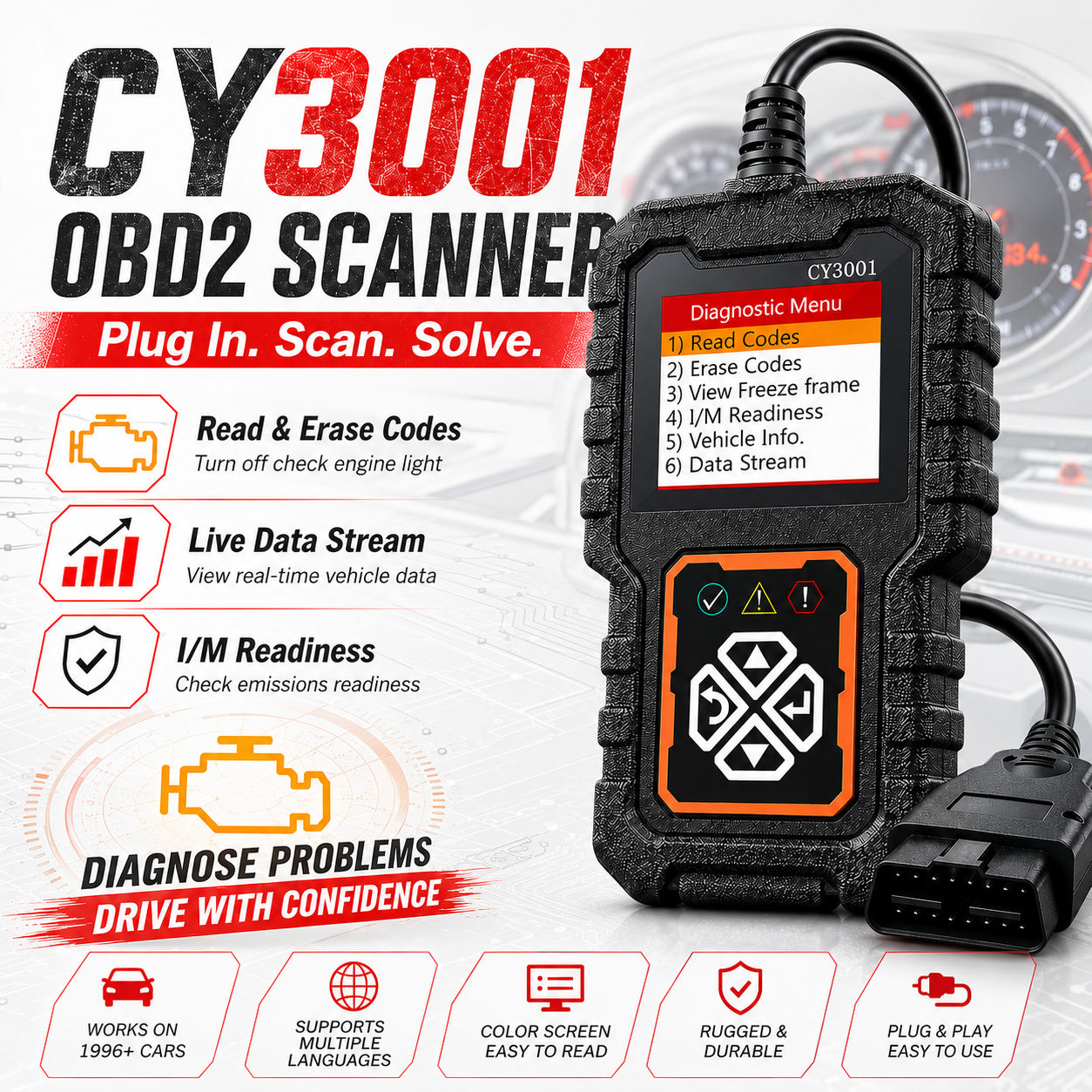 Máy quét OBD2 chuyên nghiệp CY3001 Kiểm tra công cụ chẩn đoán lỗi đầu đọc mã đèn động cơ
