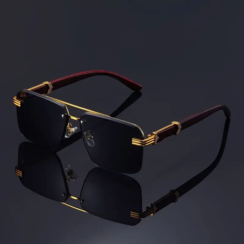 Kính râm nam gọng vuông không khung cổ điển - Tròng kính chống tia UV, gọng vân gỗ nhẹ