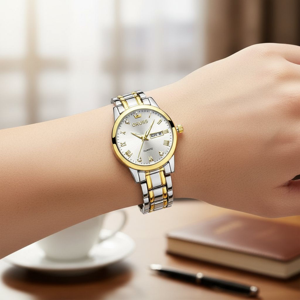 ORUSS Đồng hồ Quartz Mini Nữ chống nước, lịch đôi, thép không gỉ, sang trọng, màu bạc/vàng