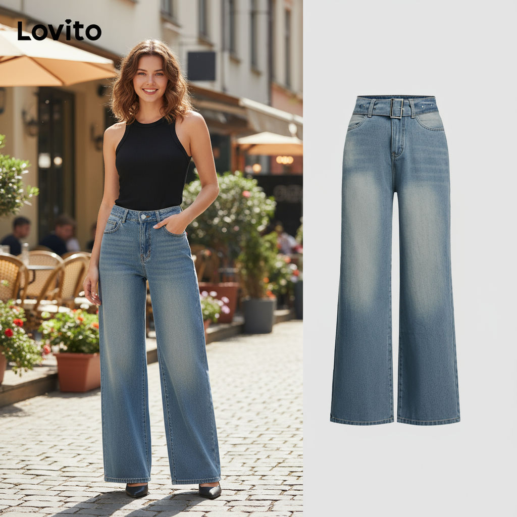 (trendy4)Quần jean nữ Lovito có dây thắt lưng màu trơn phong cách thường ngày L110AD597