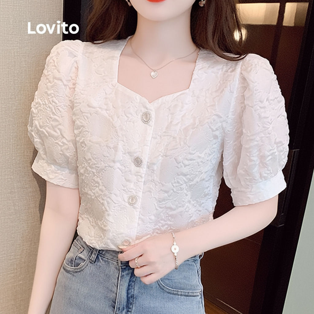 Lovito Áo sơ mi casual nữ hàng nút mùa xuân/hè áo trắng cho nữ L152LD0845