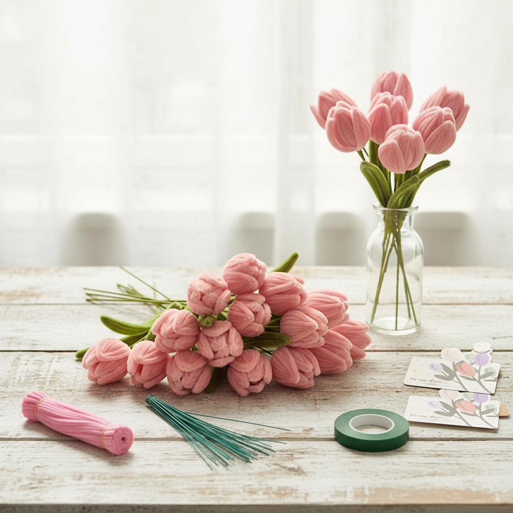 Bộ dụng cụ làm bó hoa Tulip từ dây kẽm nhung, bộ thủ công hoa, dây lông xù màu hồng nhạt, thân màu x