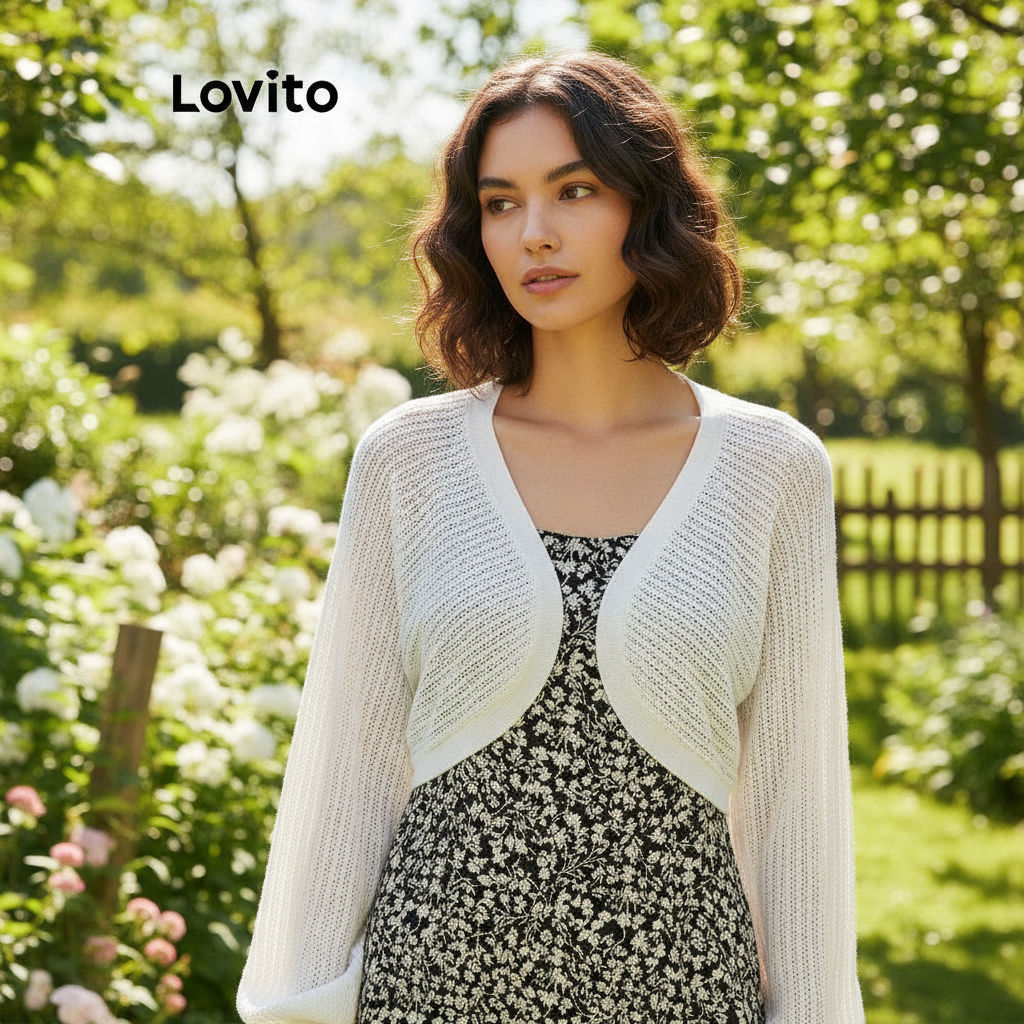 (trendy6)Lovito Áo len cardigan trơn thông thường dành cho nữ L64AD102 (Trắng / Đen)