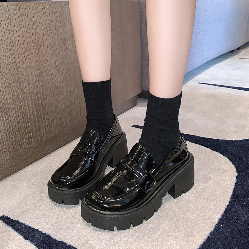 Phụ Nữ Màu Đen Bằng Sáng Chế Da Nền Tảng Người Lười Chunky Lug Đế Trượt Trên Gót Dây Đeo Penny