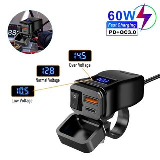 PD QC3.0 Tay Lái Xe Máy Gắn 60W Dual USB Sạc Nhanh Có Vôn Kế LED Bộ Chuyển Đổi Chống Thấm Nước