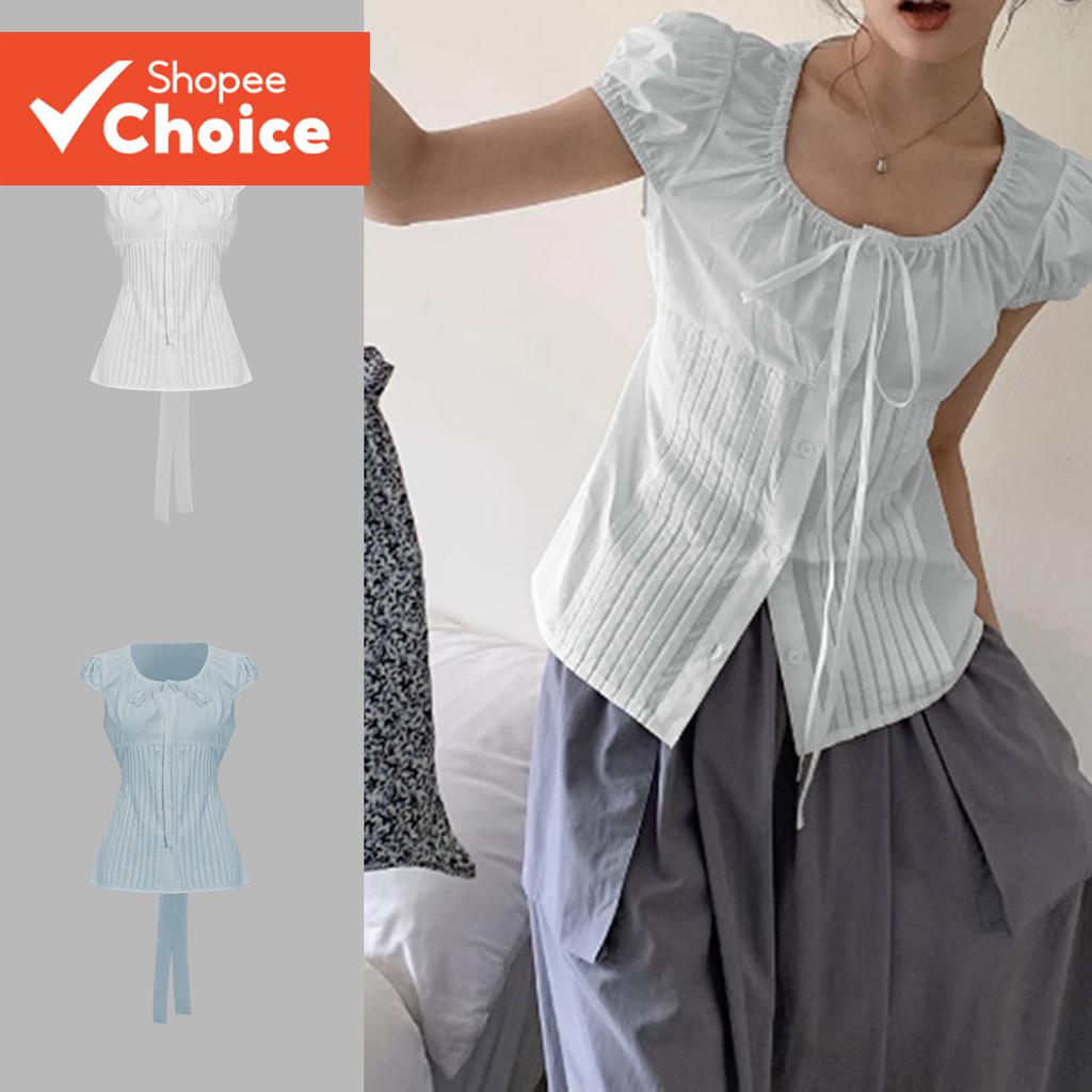 Áo sơ mi nữ Lovito Casual cổ tròn thắt dây nhẹ nhàng, xếp ly, L85AD028 (nhiều màu)