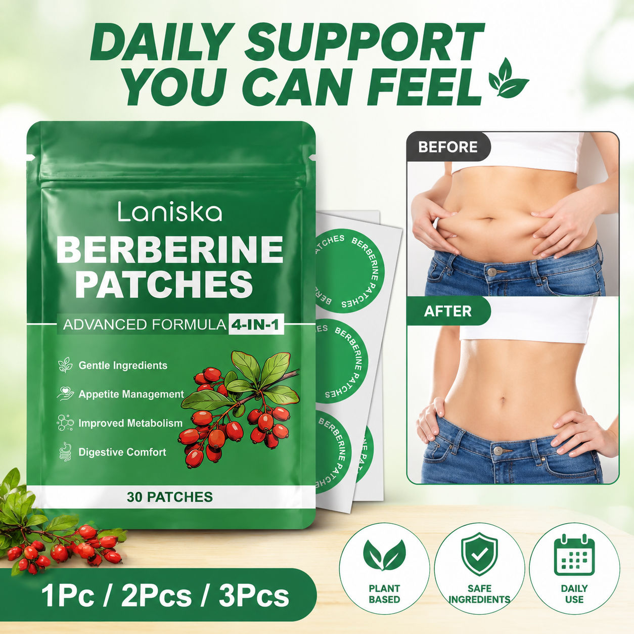 Body Comfort Berberine Patches 30 mảnh, Berberine Glutamine Gentle Formula Lasting Wear Nâng cấp