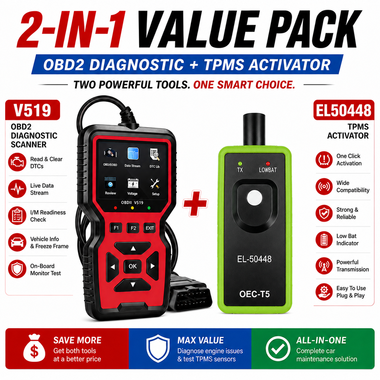 V519 Obd2 Scanner & El-5048 Tpms Reset Tool Kit Đầu đọc mã chẩn đoán ô tô Máy quét mã lỗi động cơ Má