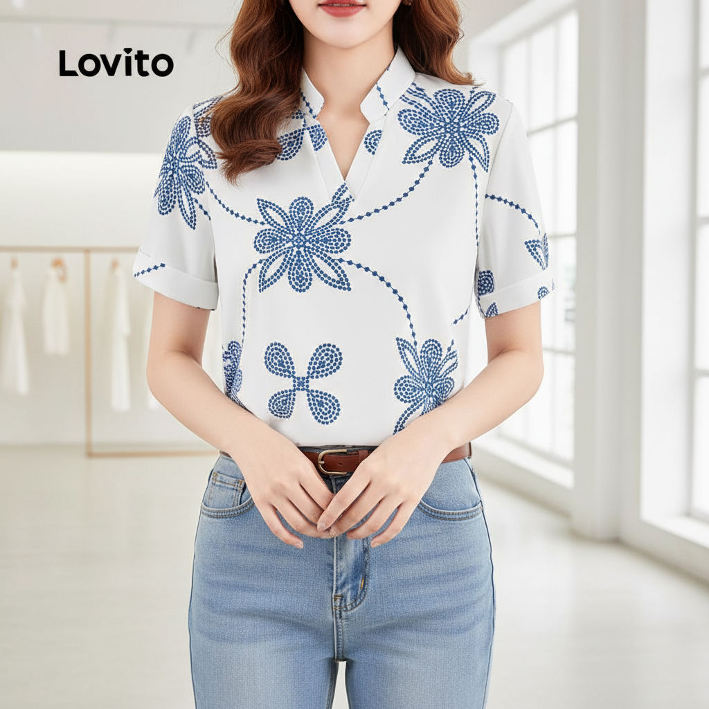Lovito Áo sơ mi casual Xuân/Hè Áo sơ mi xanh và trắng cho nữ L150ED0665