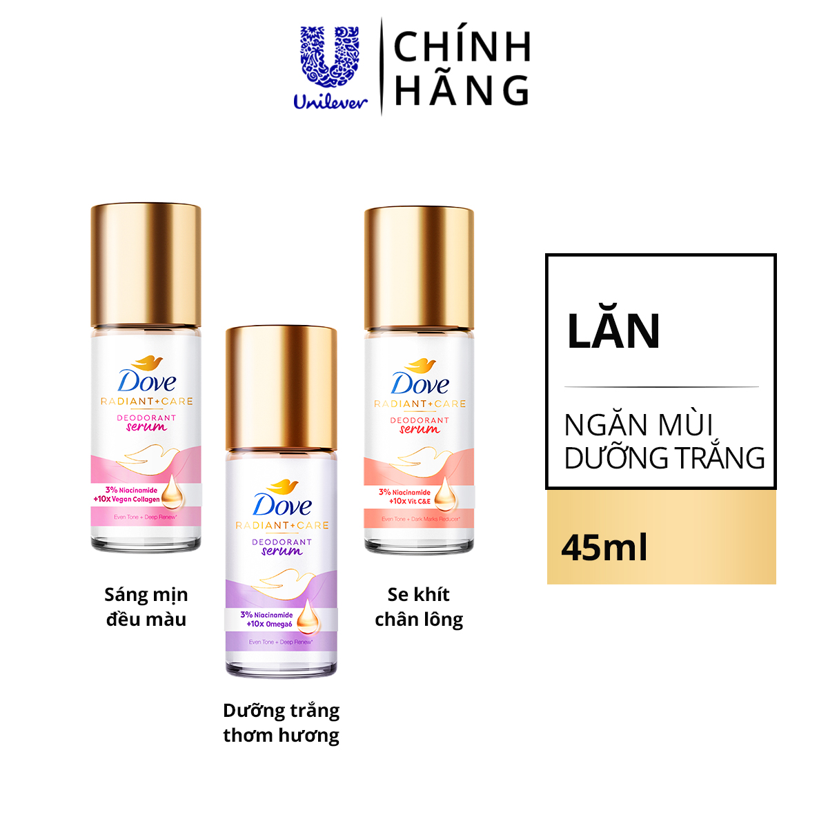 Lăn ngăn mùi dưỡng sáng cao cấp Dove tinh chất serum dành cho nữ với 3% Niacinamide 45ml | BigBuy360 - bigbuy360.vn