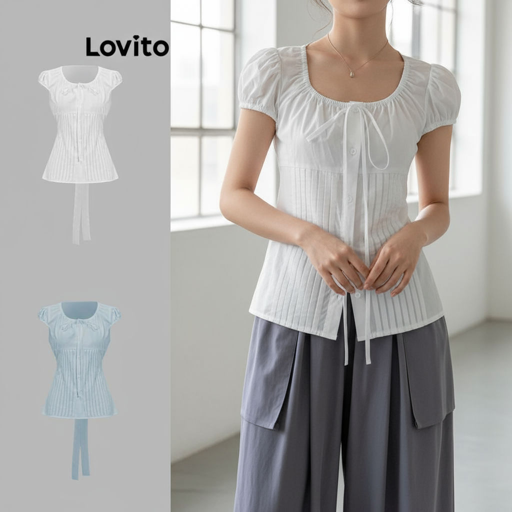 Lovito Áo sơ mi phối ren trơn đơn giản cho nữ L85AD028 (Nhiều màu)3