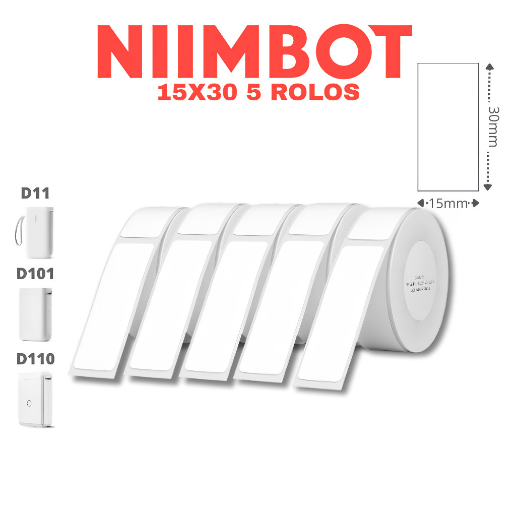 Bộ 5 cuộn nhãn dán trắng chống nước Niimbot D11 D101 D110 15x30mm| 975 miếng, tương thích máy in D11