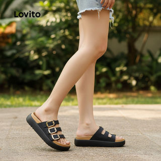 Lovito Casual Plain Buckle Colorblock Thời trang Đa năng Đế mềm Độ dày Mặc bên ngoài Sandal phẳng cho nữ LFA74202\5