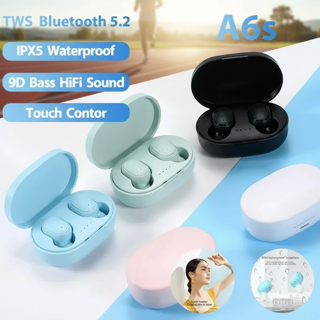 A6S TWS Tai nghe Bluetooth 5.0 không dây, tai nghe thể thao, hộp sạc di động