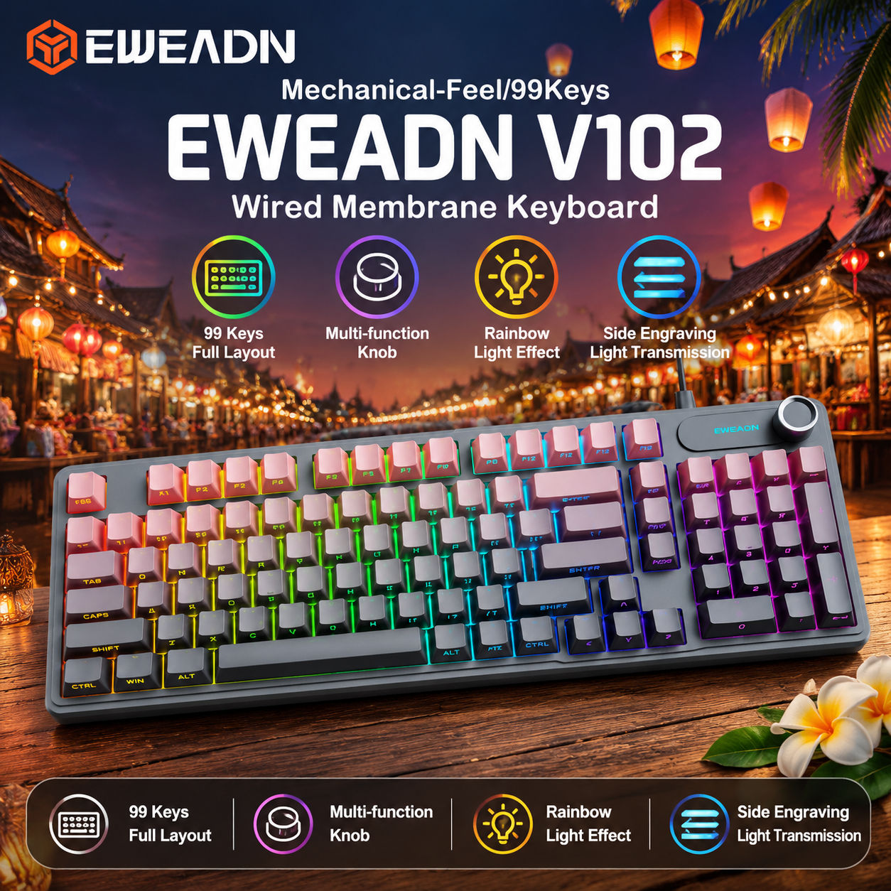 EWEADN V102 Bàn phím chơi game màng công thái học 99 phím có dây, đèn nền RGB, kết nối USB, dành cho