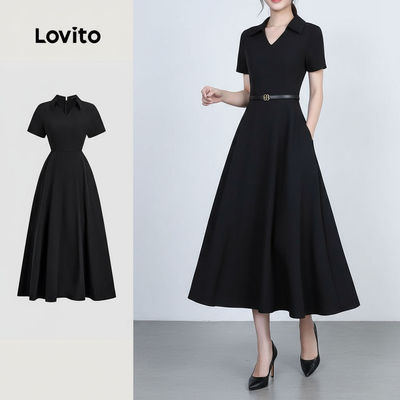 (thanh lịch) Lovito Váy có túi cổ điển và đa năng Váy đen mùa xuân hè dành cho nữ L138ED216