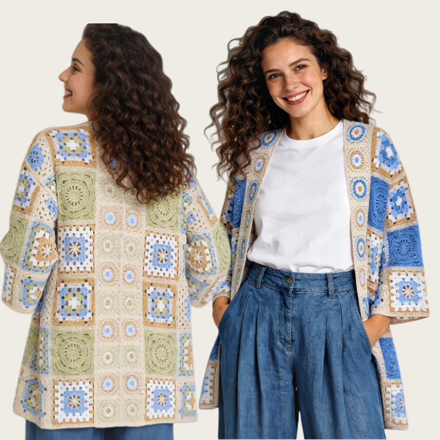 Áo khoác len móc Granny Square phong cách Boho, tay lỡ 3/4, dáng rộng, mặc hè đi biển hàng ngày
