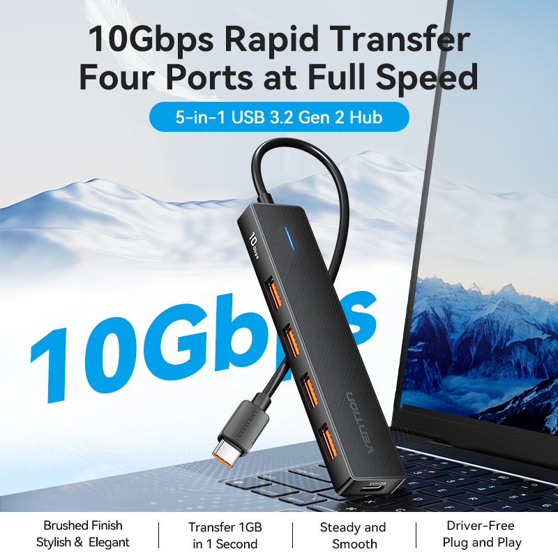 Vention 5-trong-1 hub cổng USB-C sang 3.2 Gen 2 Type-A x 4 10Gbps cho Windows/MacOS/Linux