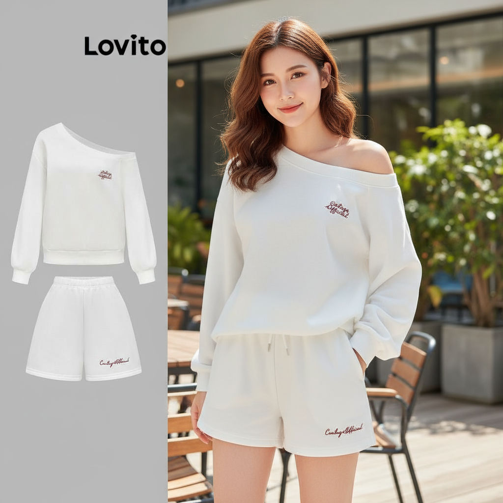 Set quần short nữ Lovito bất đối xứng thêu màu trơn phong cách thường ngày L110AD068