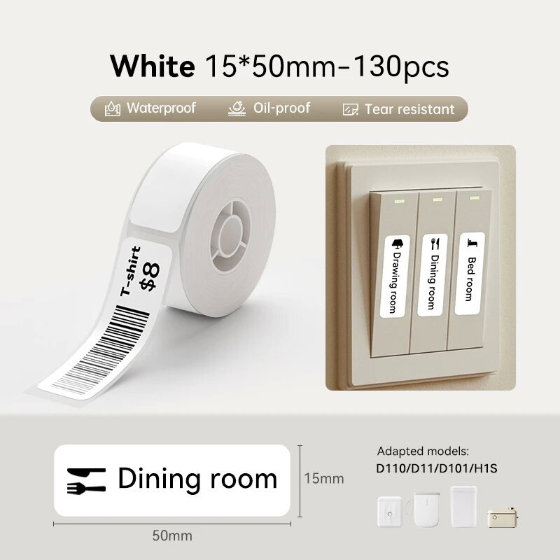 Nhãn dán trắng Niimbot D11/D110/D101 15x50mm, chống nước, chống dầu, không để lại keo, giấy nhãn nhi