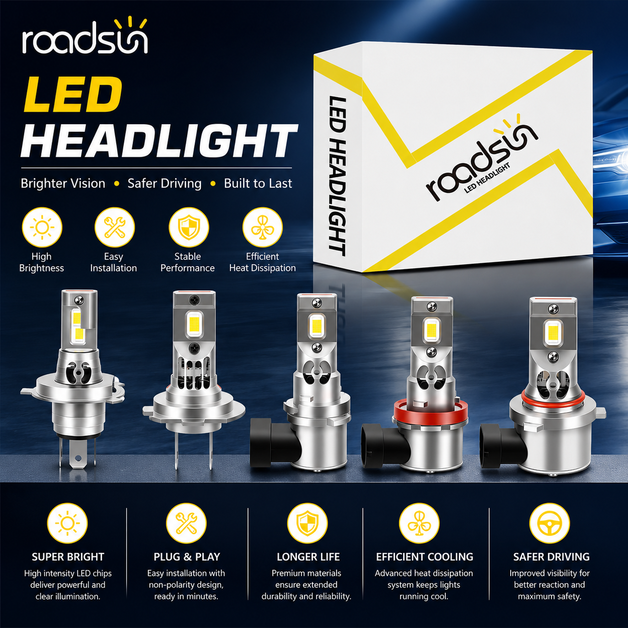 Roadsun 2 Bóng Đèn Pha LED H4 H7 H11 20000LM 6000K Trắng Canbus Cắm Và Chạy