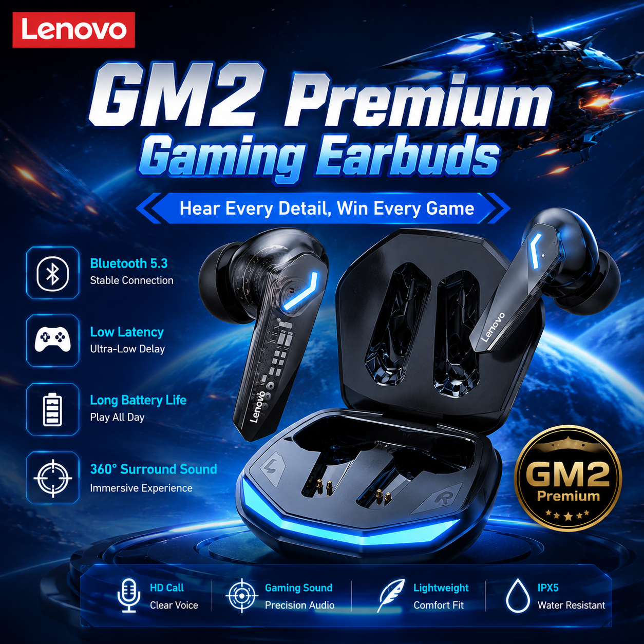 Tai nghe Lenovo GM2 PRO Bluetooth 5.3 nhẹ, độ trễ thấp, âm thanh HIFI, chống nước