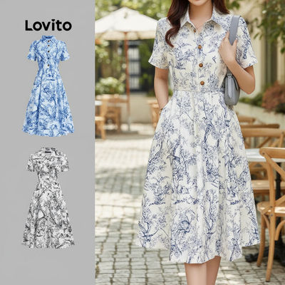 Lovito thanh lịch Đầm họa tiết nút mùa xuân hè nhiều màu cho nữ L135ED364\2\2