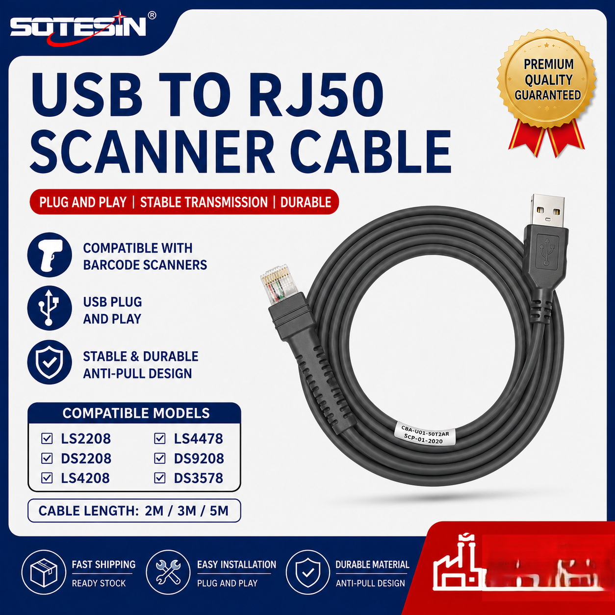 Cáp quét mã vạch USB SOTESIN dài 2m/3m/5m tương thích với Symbol Zebra Motorola USB sang RJ45 CBA-U0