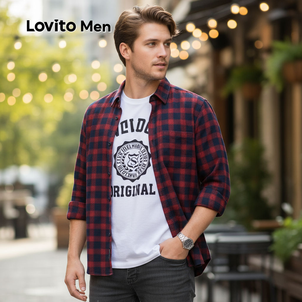 Lovito Áo sơ mi thường ngày cho mọi mùa áo sơ mi đỏ cho nam LNE1140825