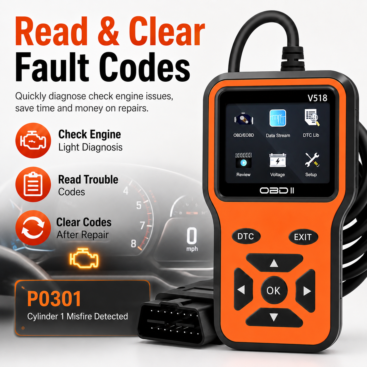 V518 2026 Obd2 Code Reader Scanner Công cụ chẩn đoán ô tô chuyên nghiệp Máy dò lỗi Máy xóa Kiểm tra 