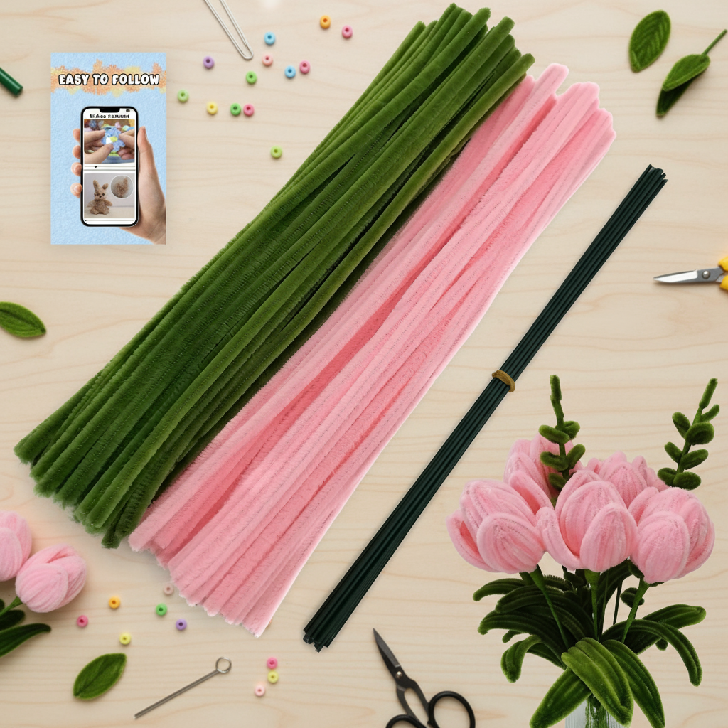 Bộ dụng cụ làm hoa tulip từ kẽm nhung màu hồng ô liu, dây thép và băng keo làm vườn, thân chenille d