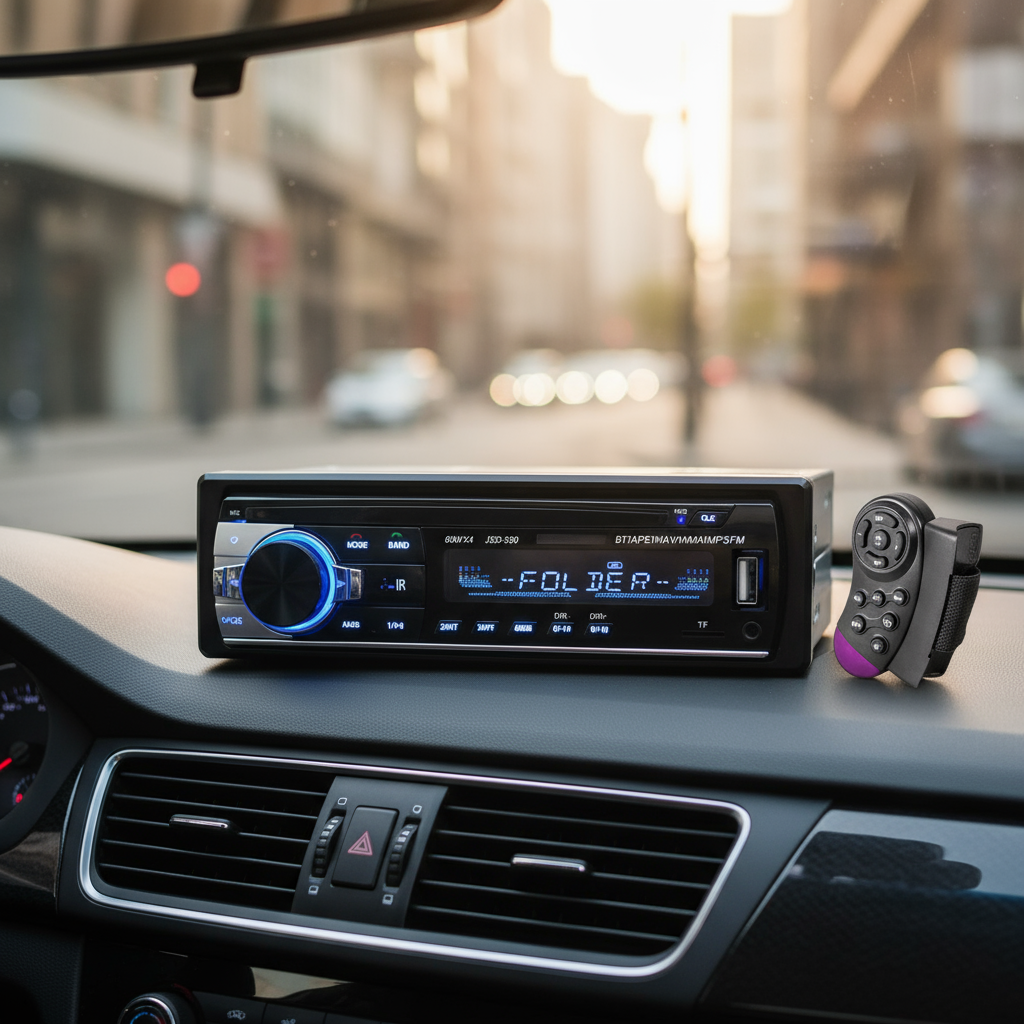 Dàn âm thanh ô tô MP3 1 Din với Bluetooth, FM, USB, SD, AUX, thiết kế gắn trên bảng điều khiển.