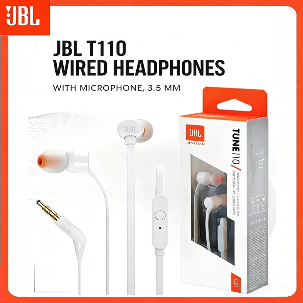 Tai nghe có dây JBL T110 3.5mm, âm bass JBL Pure Bass, điều khiển 1 nút kèm mic, cáp dẹt chống rối
