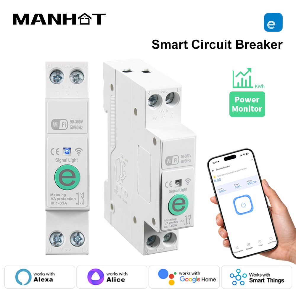 MANHOT 63A 1P+N Ewelink WiFi MCB cầu dao thông minh hẹn giờ đo điện năng kWh, điện áp, dòng điện bảo