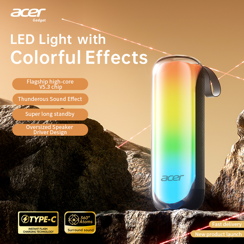 Loa Bluetooth di động Acer OSK253 SoundBox với đèn LED RGB, driver 45mm, bass sâu, pin 1200mAh, dùng