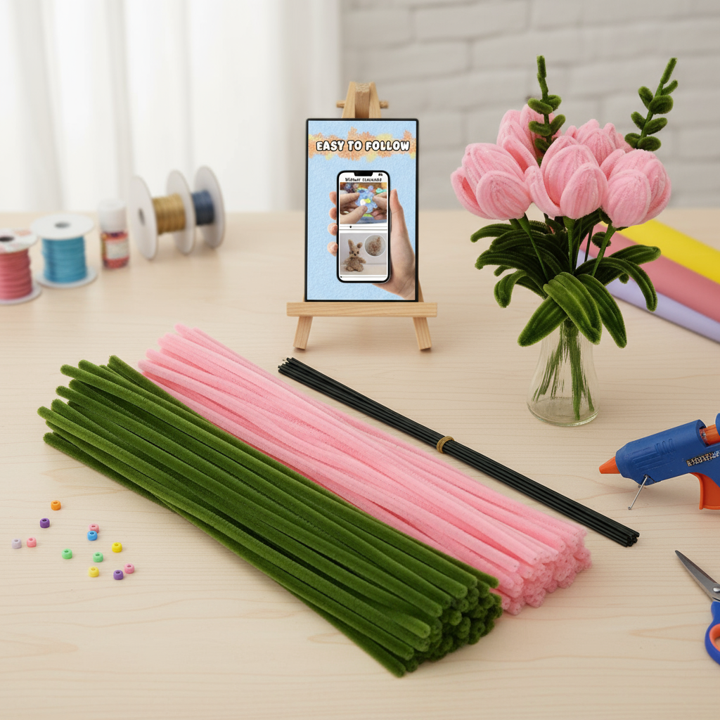 Bộ dụng cụ làm hoa tulip bằng kẽm nhung màu hồng và xanh ô liu kèm dây thép và băng keo, thân chenil