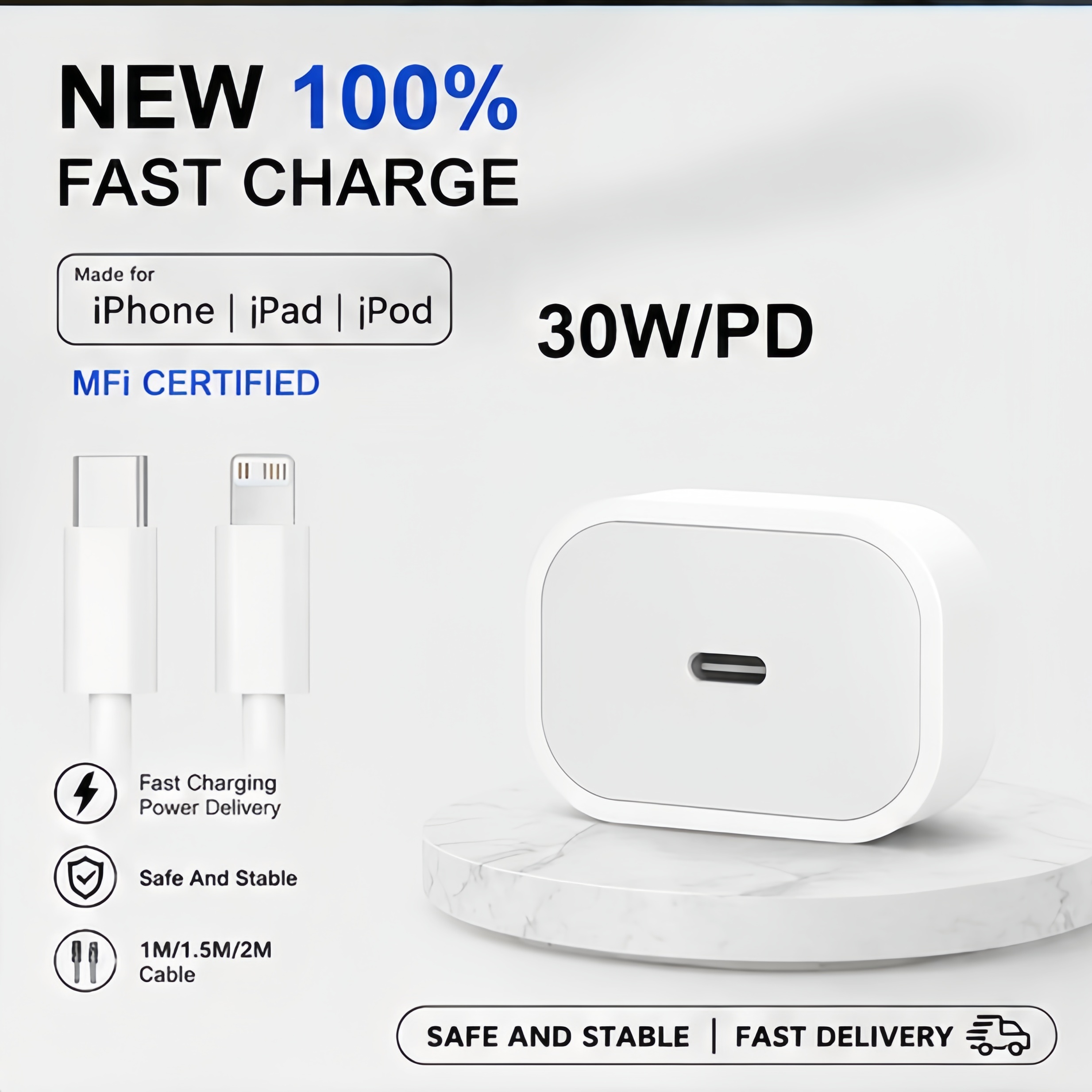 Bộ sạc nhanh PD 30W gồm adapter sạc nhanh 30W với cáp Type-C sang iOS, dùng cho iPhone 13/14 Pro Max