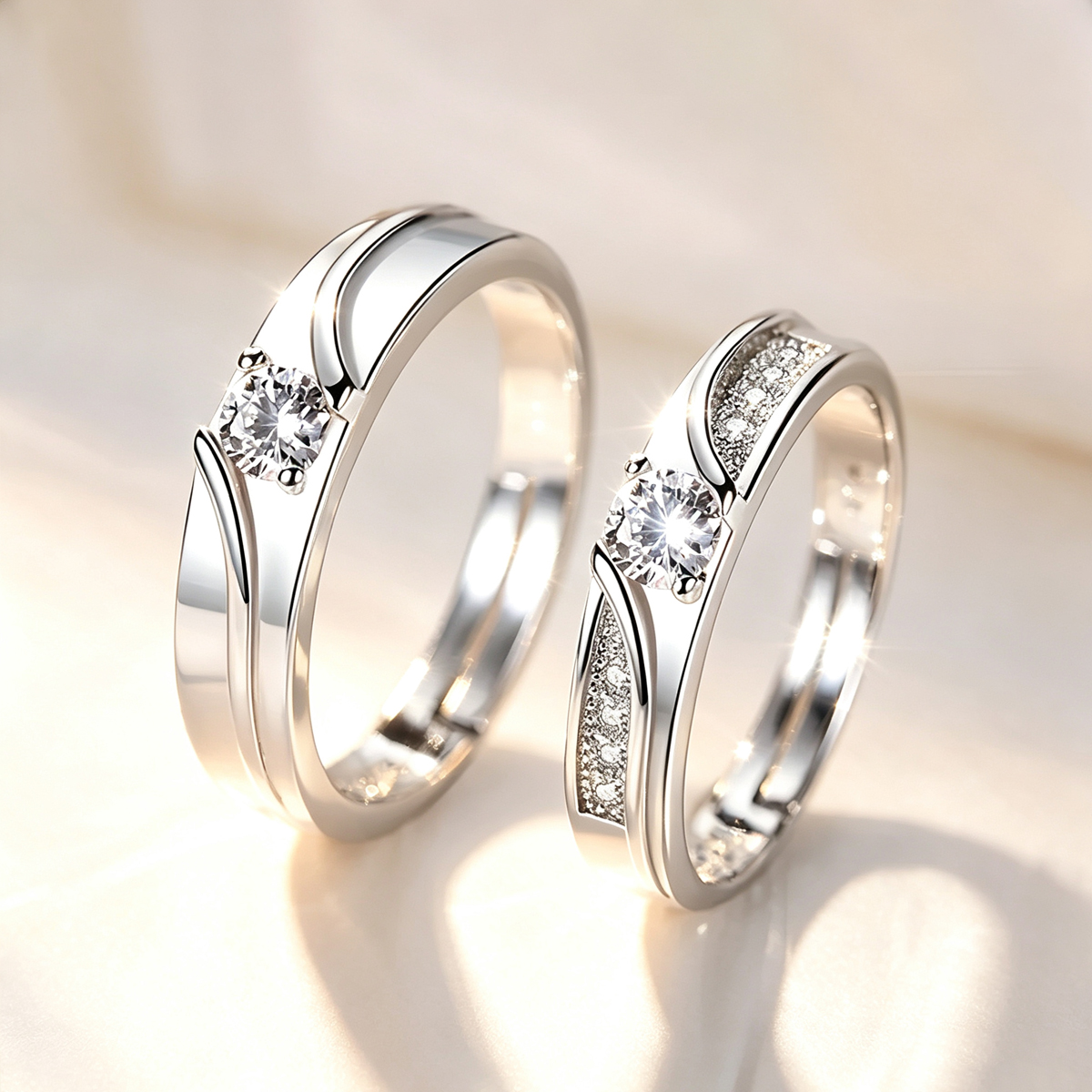 Bộ Nhẫn Cặp Đôi Xoắn Sóng Cz Bộ Nhẫn Cưới Bạc